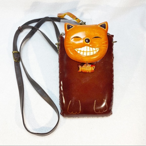 NOVELTY GRINNING KITTY W/ FISH CROSS-BODY CELLPHONE HOLDER WALLET 8x4.5” - Picture 10 of 16